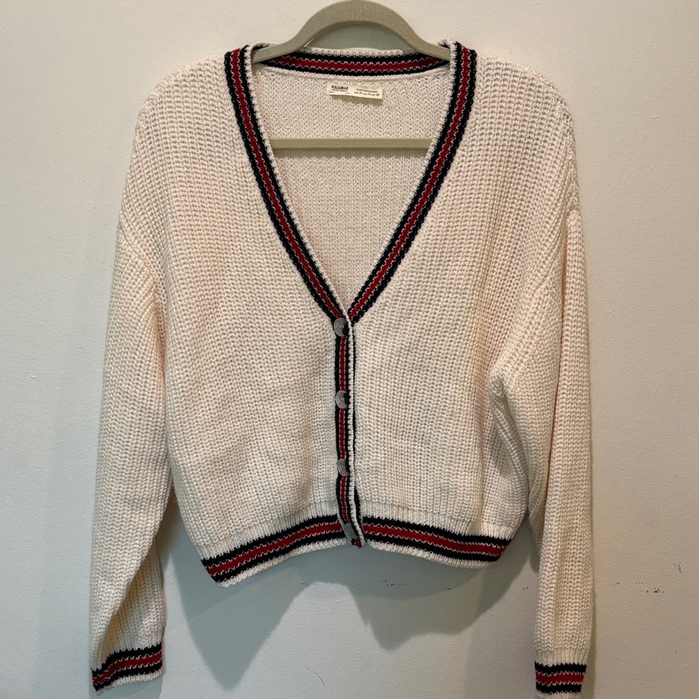 Pull & Bear White Knit Cardigan with Striped Trim Size Medium